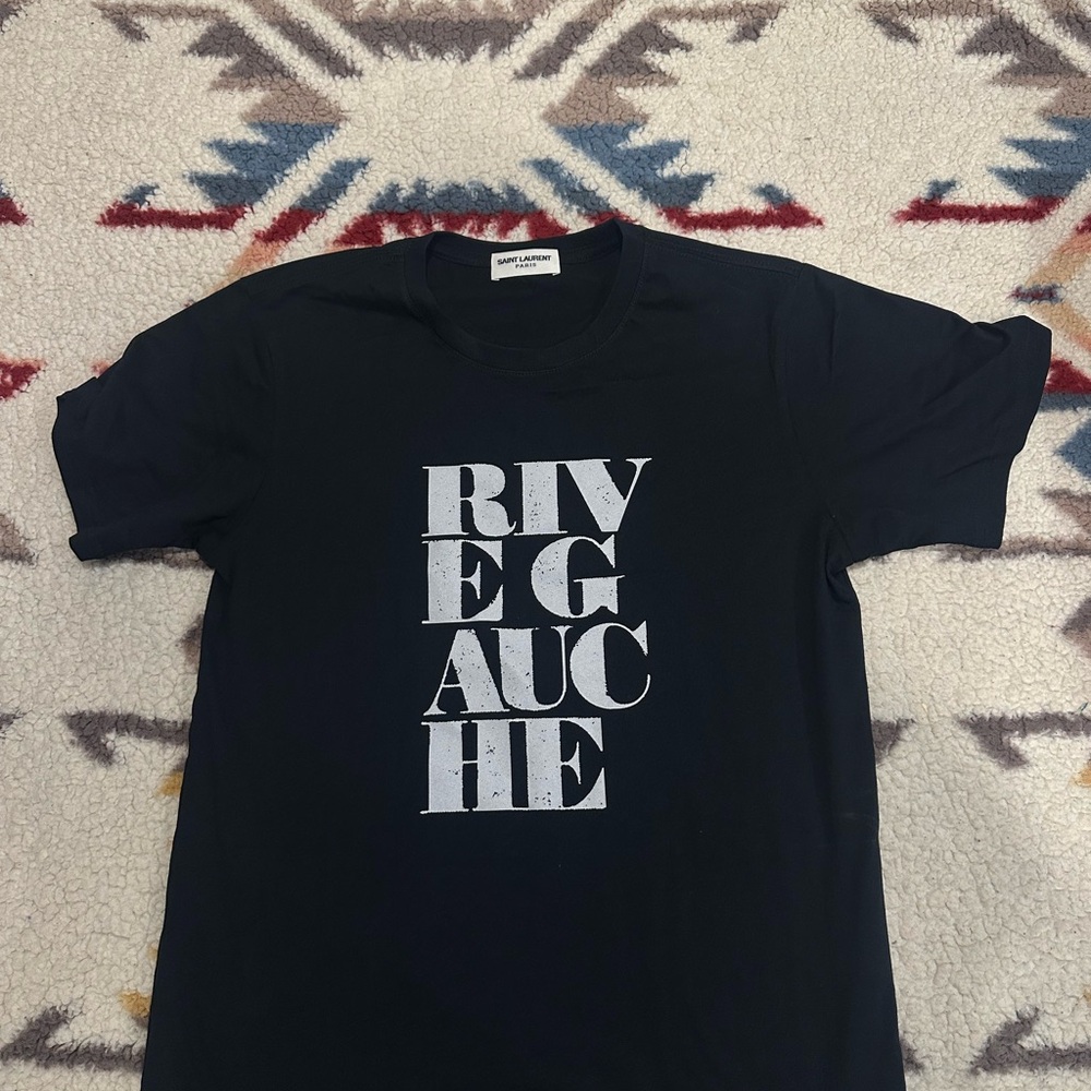 Saint Laurent Black Crewneck T-Shirt with White Vertical Logo Print